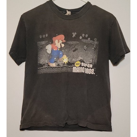 VTG New Super Mario Bros T-shirt AlStyle Tag Youth Fit Size Medium Black Faded - Picture 2 of 12